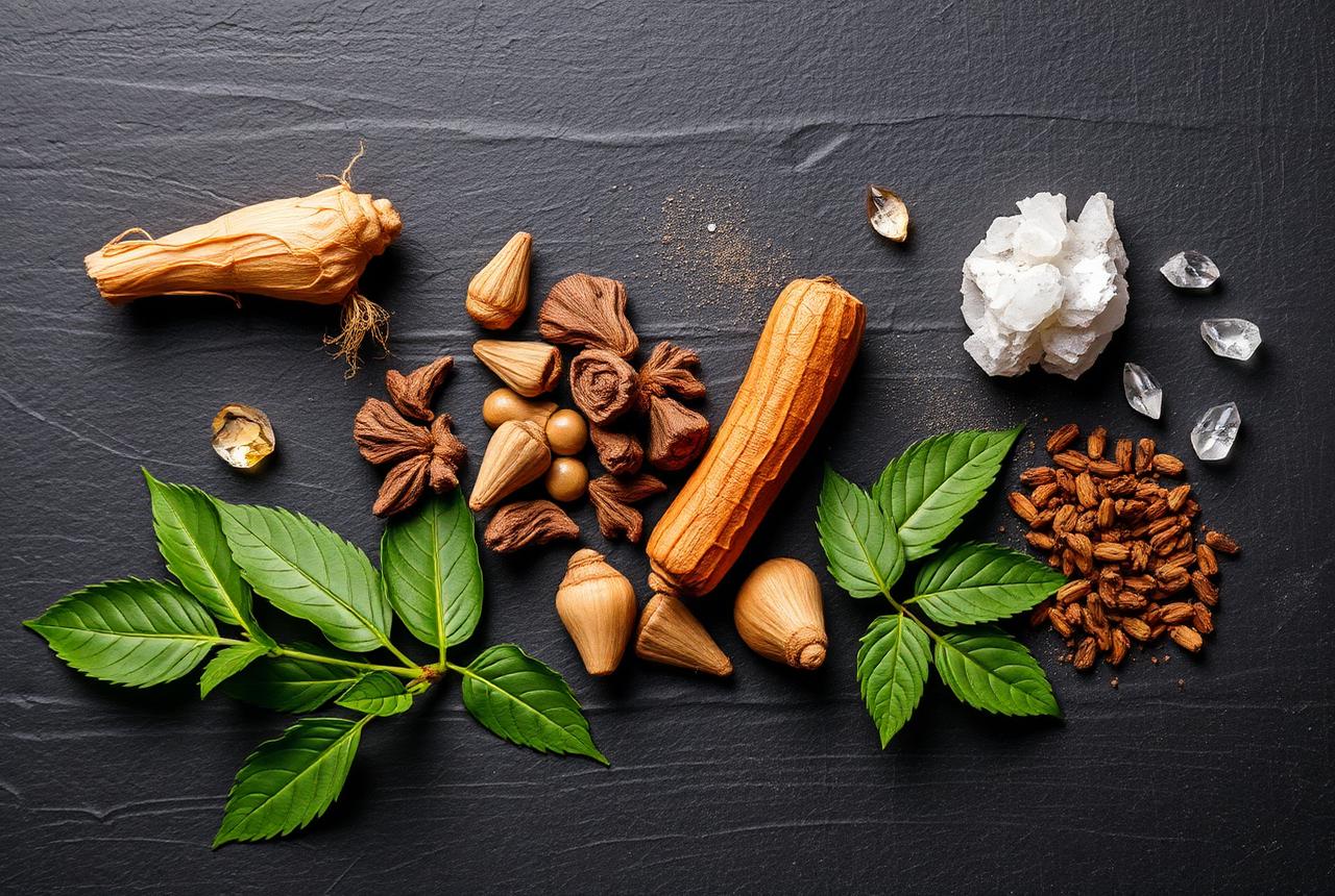 Herbal supplement ingredients including ginseng, maca root and zinc arranged on dark slate